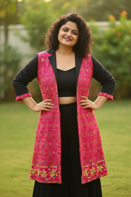 Malini Kanthastitch Cotton Long Jacket - Deep Pink