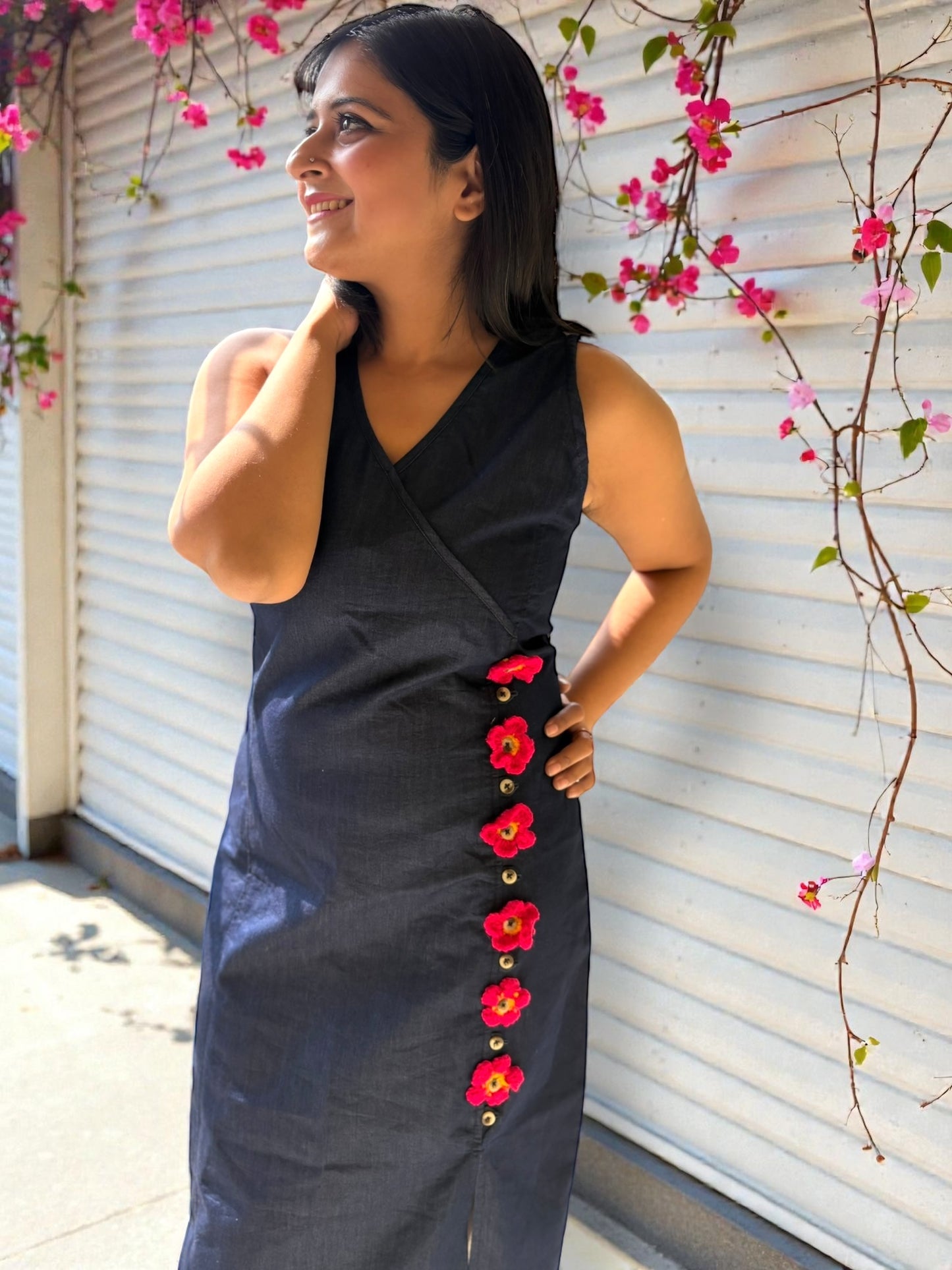 Lara Detachable Crochet Flower Denim Dress - Blue
