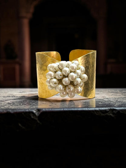Flower Bouquet Cuff Crystal and Brass Bracelet - Pearl