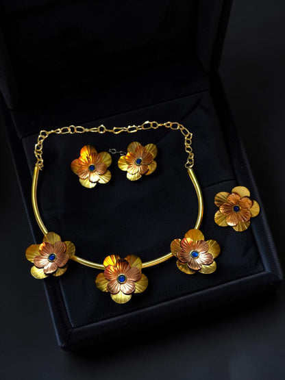 Fleurs Brass Hasli Necklace Jewelry Set (Ear Studs,Necklace,Ring) - Deep Blue