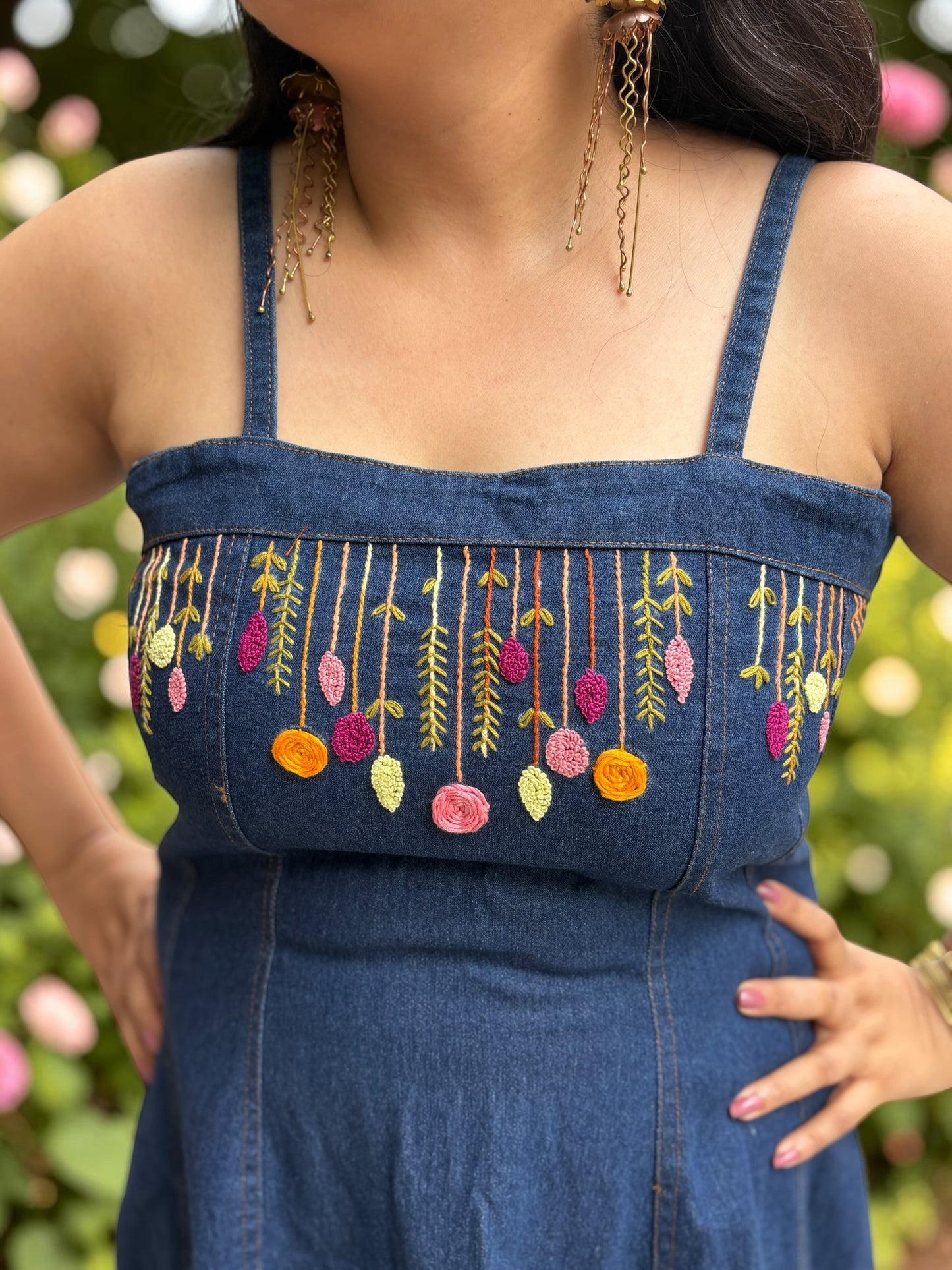 Gina Hand-Embroidered Strappy Denim Dress