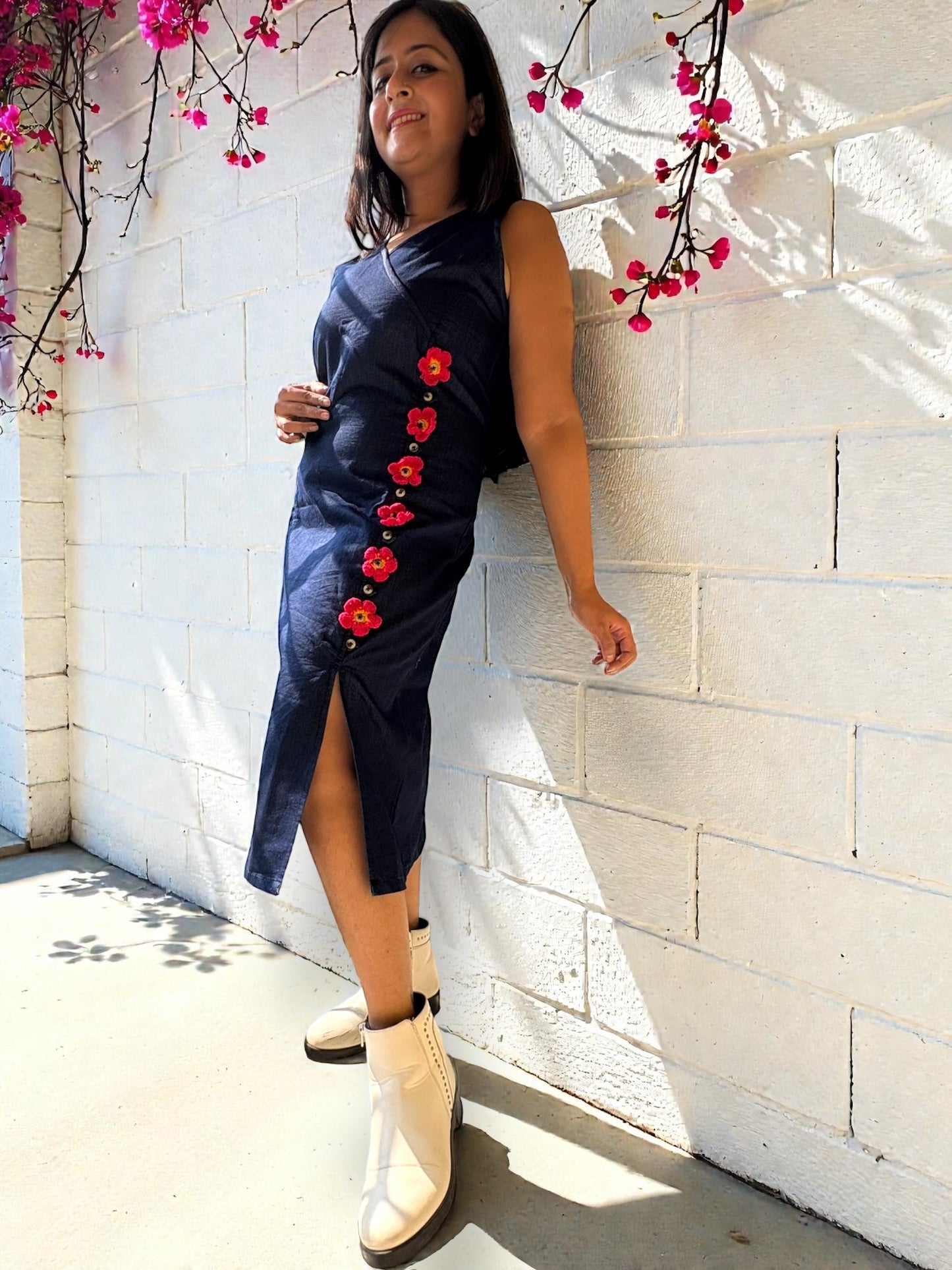 Lara Detachable Crochet Flower Denim Dress - Blue