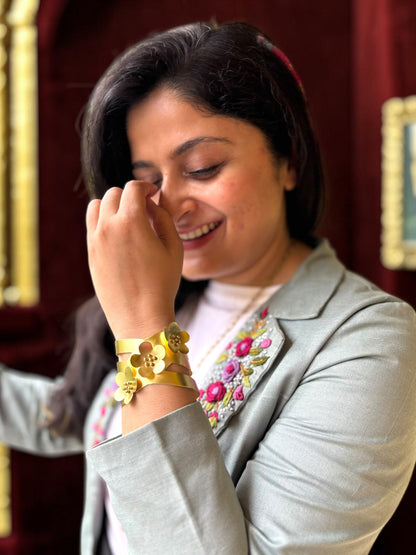 Triple Flower Cuff Brass Bracelet