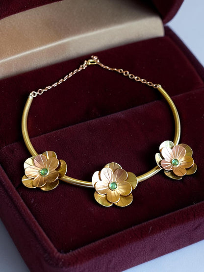 Fleurs Brass Hasli Necklace Jewelry Set (Ear Studs,Necklace,Ring) - Green