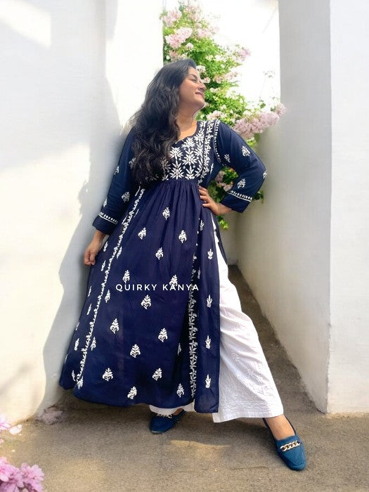 Akanksha Chikankari Rayon Kurta - Navy Blue