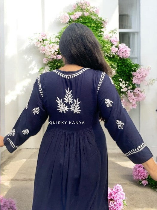 Akanksha Chikankari Rayon Kurta - Navy Blue