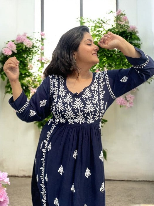 Akanksha Chikankari Rayon Kurta - Navy Blue