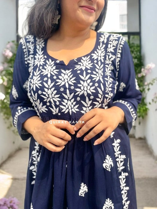 Akanksha Chikankari Rayon Kurta - Navy Blue