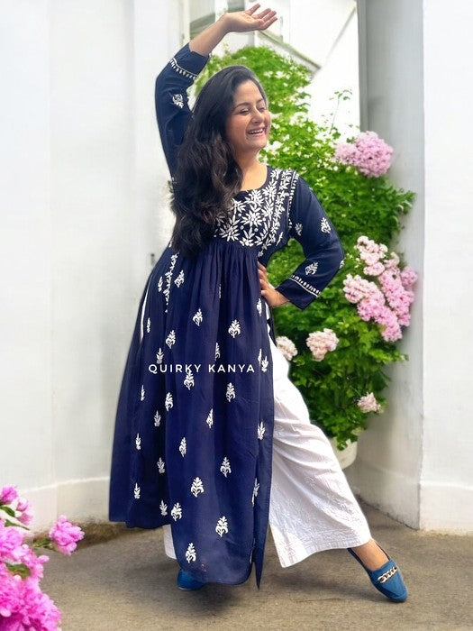 Akanksha Chikankari Rayon Kurta - Navy Blue