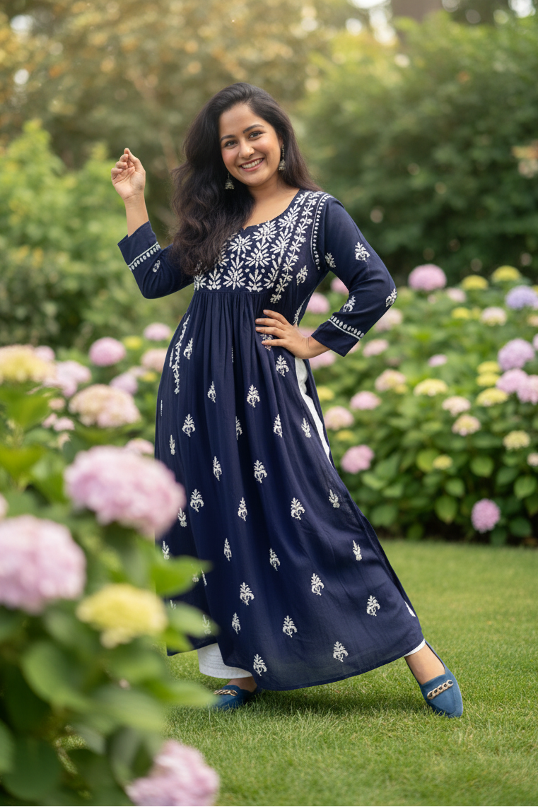 Akanksha Chikankari Rayon Kurta - Navy Blue