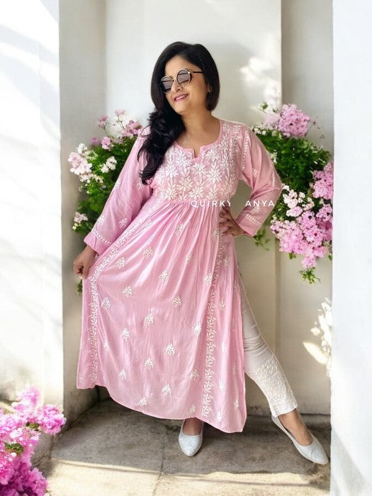 Akanksha Chikankari Rayon Kurta - Baby Pink