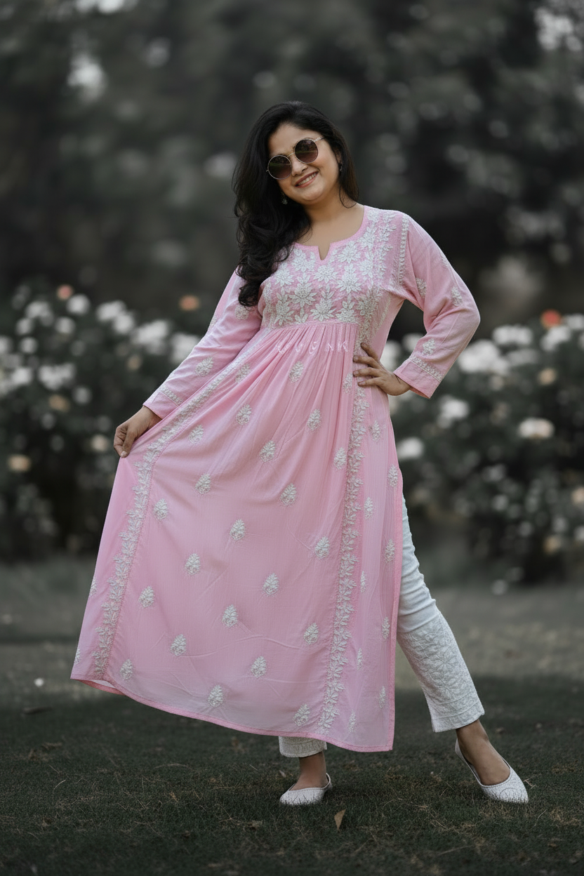 Akanksha Chikankari Rayon Kurta - Baby Pink