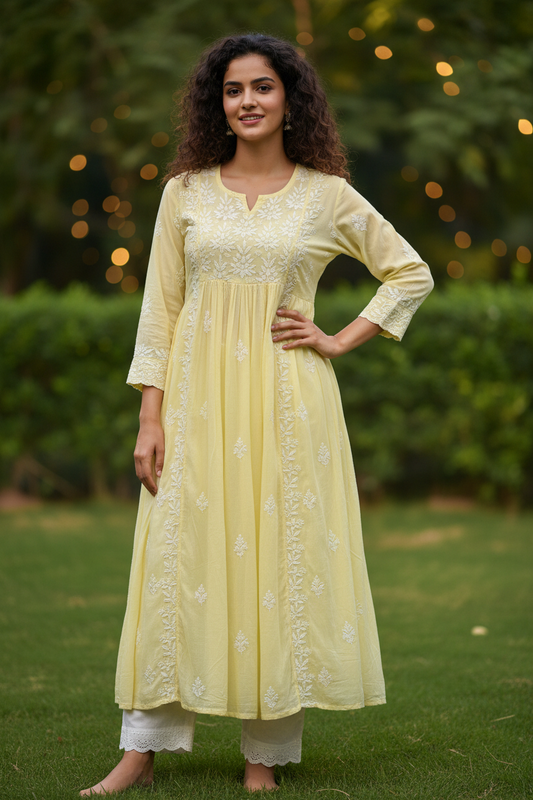 Akanksha Chikankari Rayon Kurta - Yellow