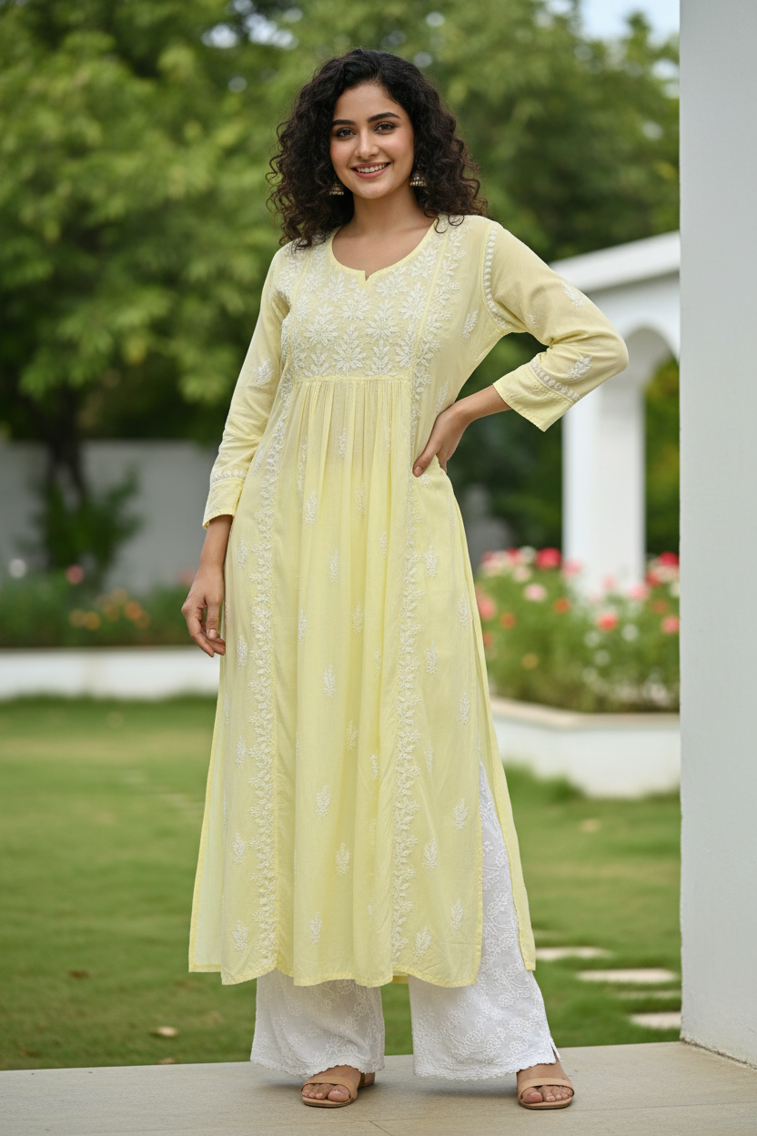 Akanksha Chikankari Rayon Kurta - Yellow