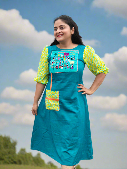 Amelia Patchwork Puff Sleeved Midi Cotton Dress - Turquoise Blue