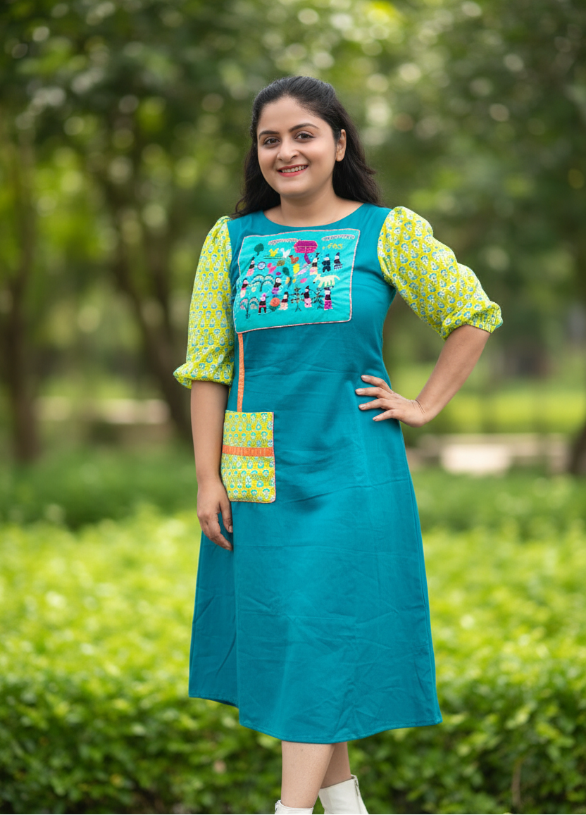 Amelia Patchwork Puff Sleeved Midi Cotton Dress - Turquoise Blue