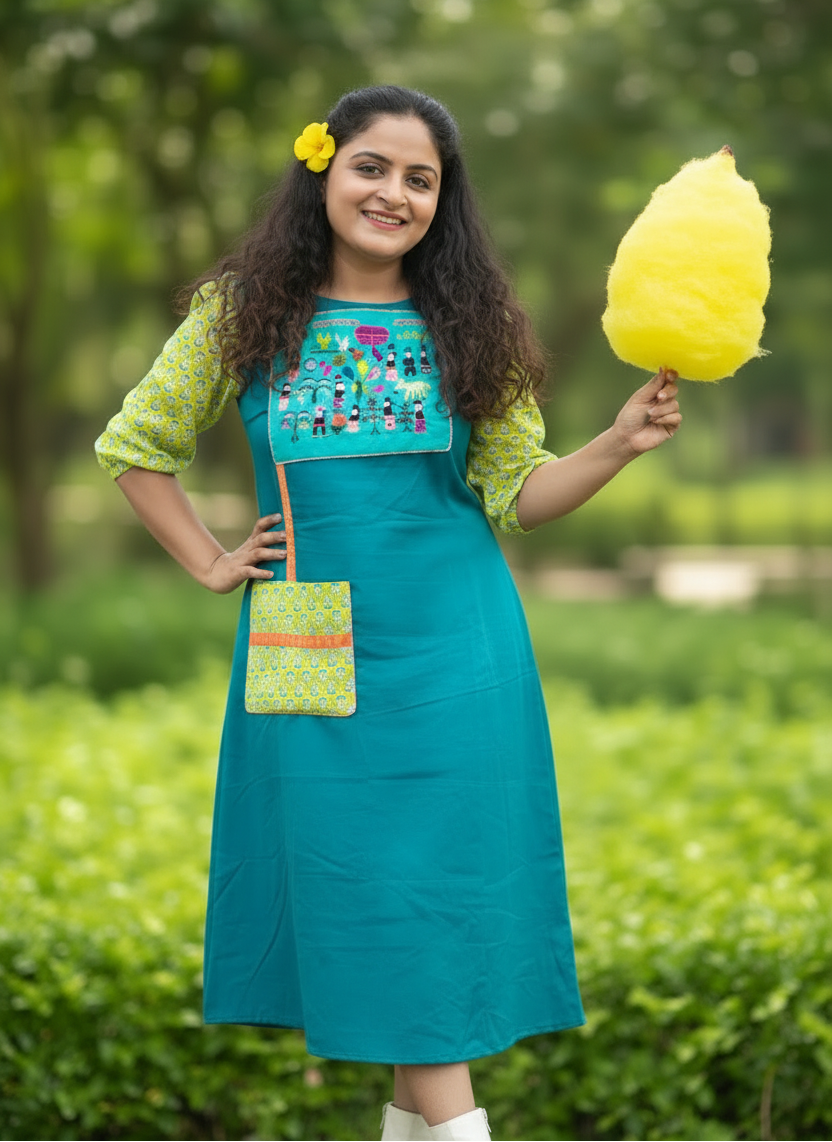 Amelia Patchwork Puff Sleeved Midi Cotton Dress - Turquoise Blue