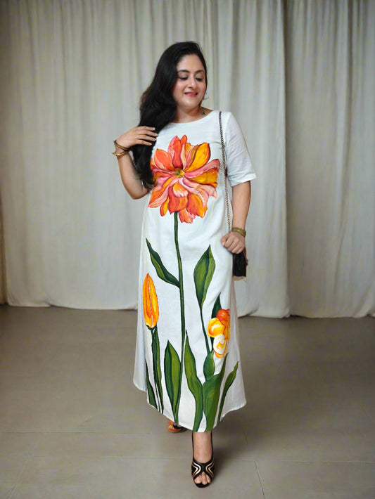 Anastasia Floral Handpainted Glass Sleeved Long Cotton Dress - White