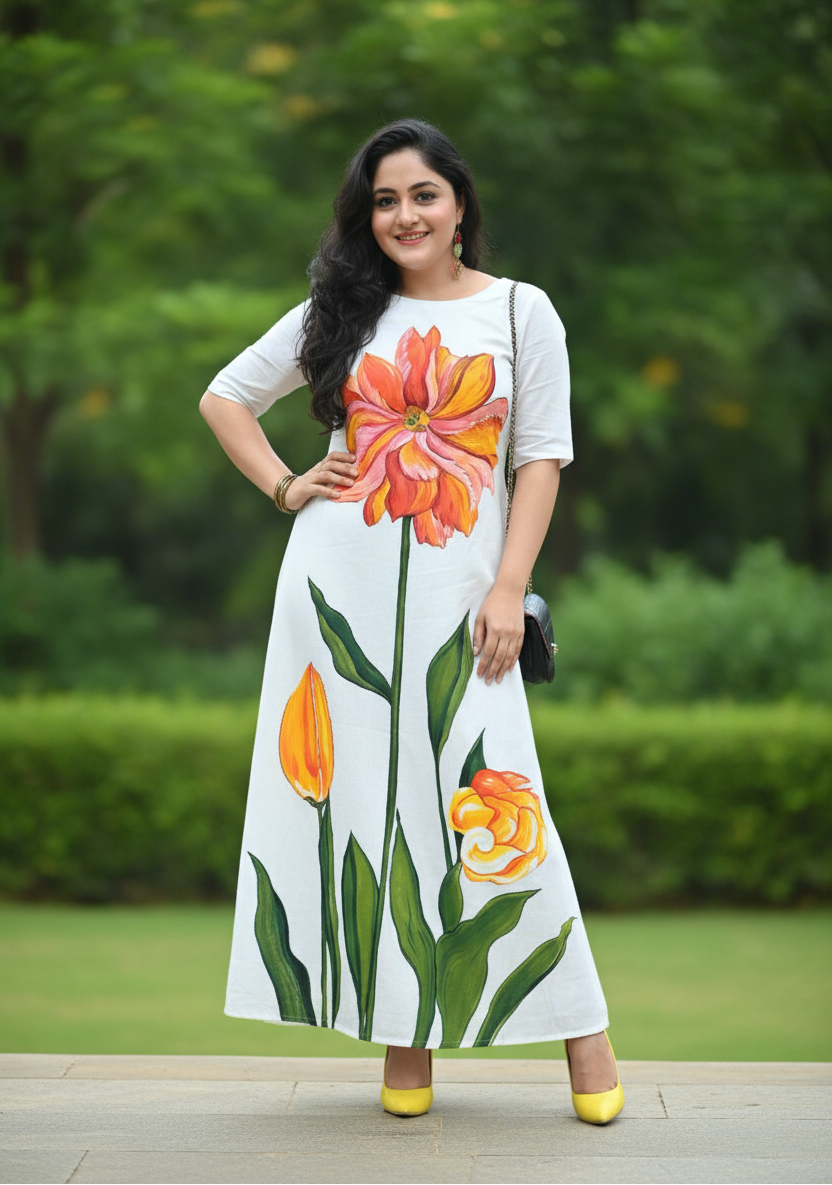 Anastasia Floral Handpainted Glass Sleeved Long Cotton Dress - White