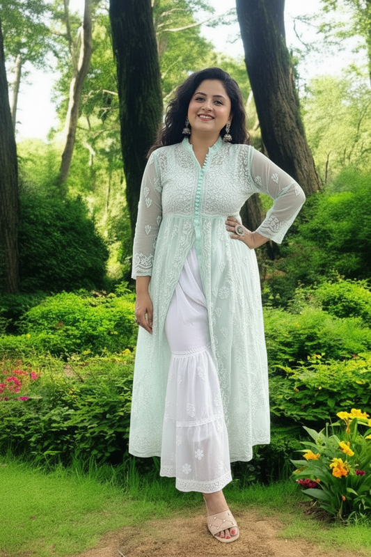Asmaani Chikankari Front-Slit Georgette Kurta - Sea Green