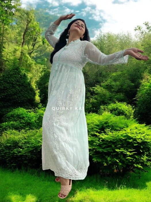 Asmaani Chikankari Front-Slit Georgette Kurta - Sea Green
