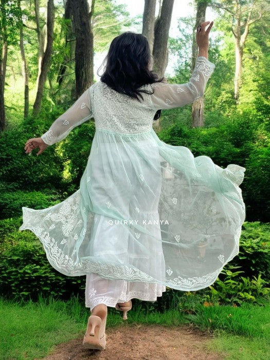 Asmaani Chikankari Front-Slit Georgette Kurta - Sea Green