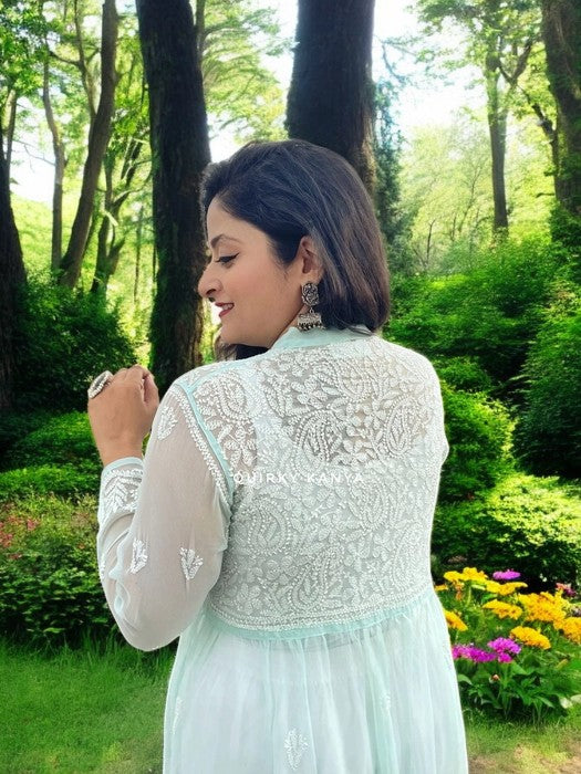Asmaani Chikankari Front-Slit Georgette Kurta - Sea Green