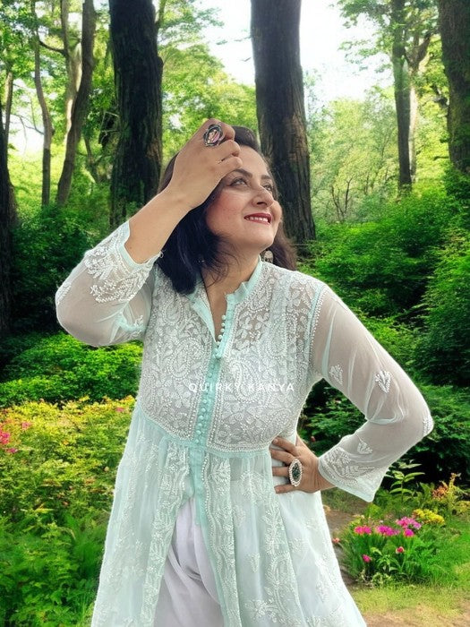 Asmaani Chikankari Front-Slit Georgette Kurta - Sea Green