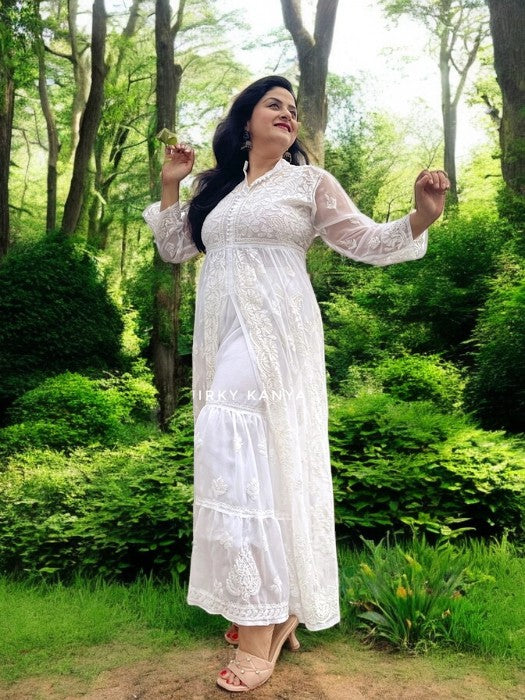 Asmaani Chikankari Front-Slit Georgette Kurta - White