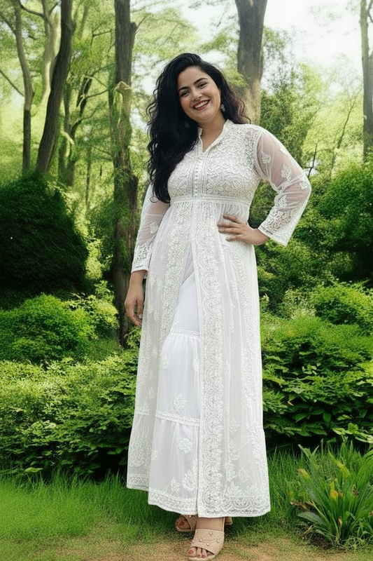 Asmaani Chikankari Front-Slit Georgette Kurta - White