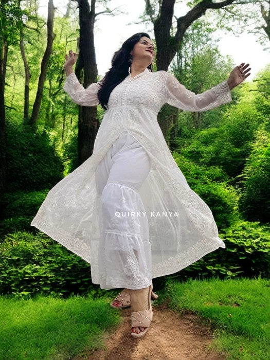 Asmaani Chikankari Front-Slit Georgette Kurta - White