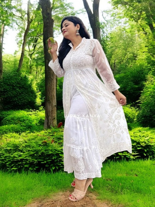 Asmaani Chikankari Front-Slit Georgette Kurta - White