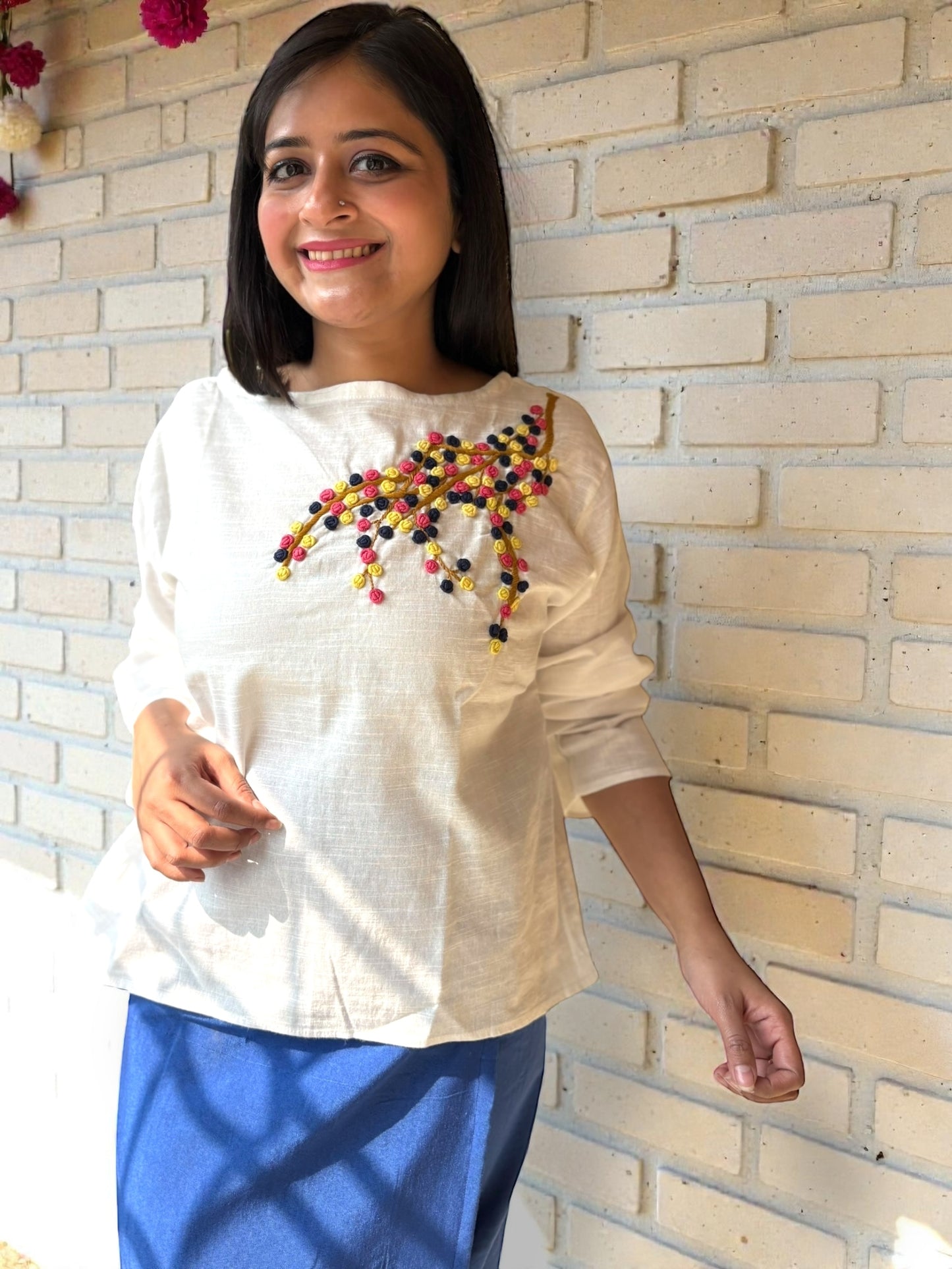 Candycrush Full Sleeved Embroidered Cotton Top - Yellow Peach