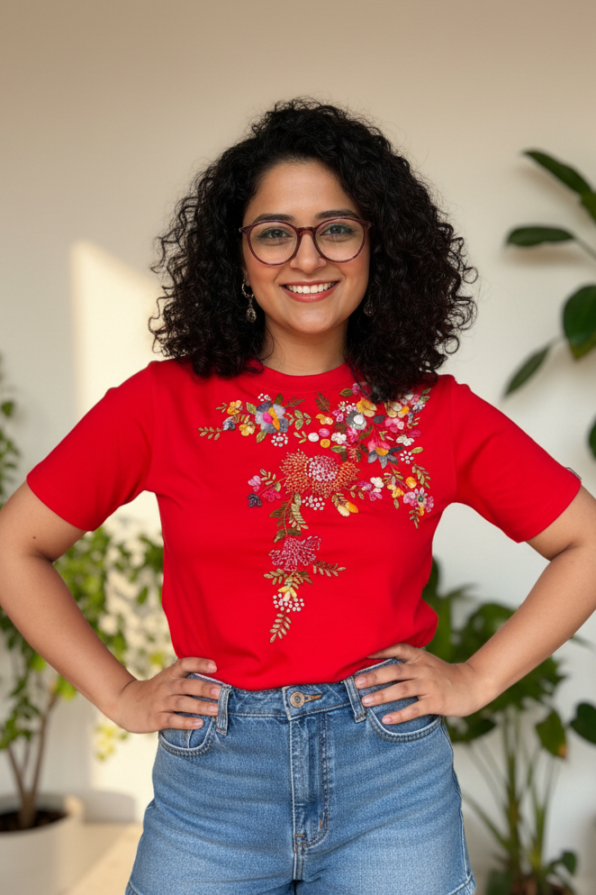 Hana Embroidered T-shirt - Red Shoulder