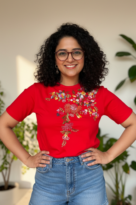 Hana Embroidered T-shirt - Red Shoulder