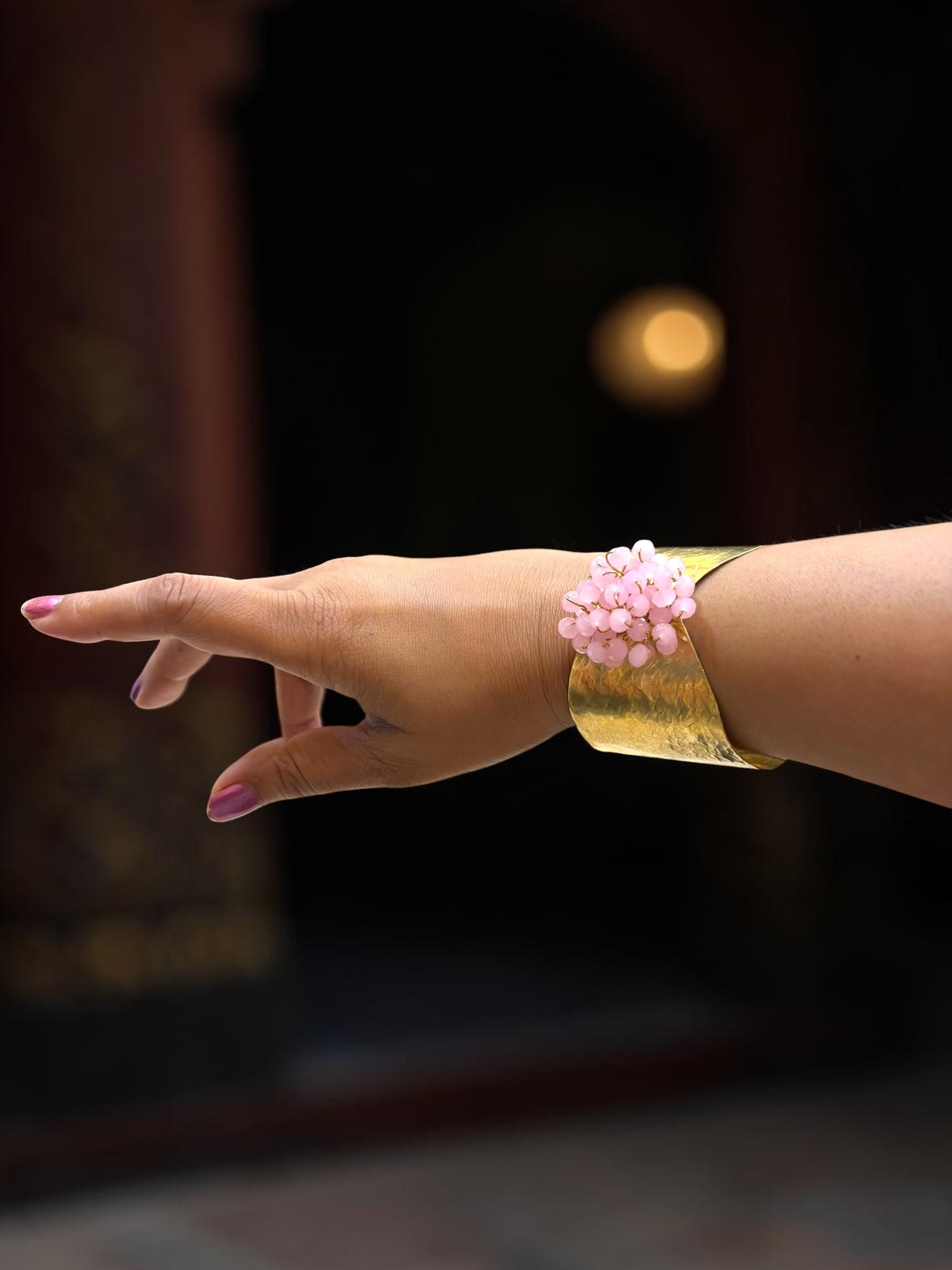 Flower Bouquet Cuff Crystal and Brass Bracelet - Light Pink