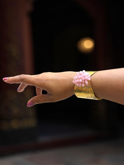 Flower Bouquet Cuff Crystal and Brass Bracelet - Light Pink