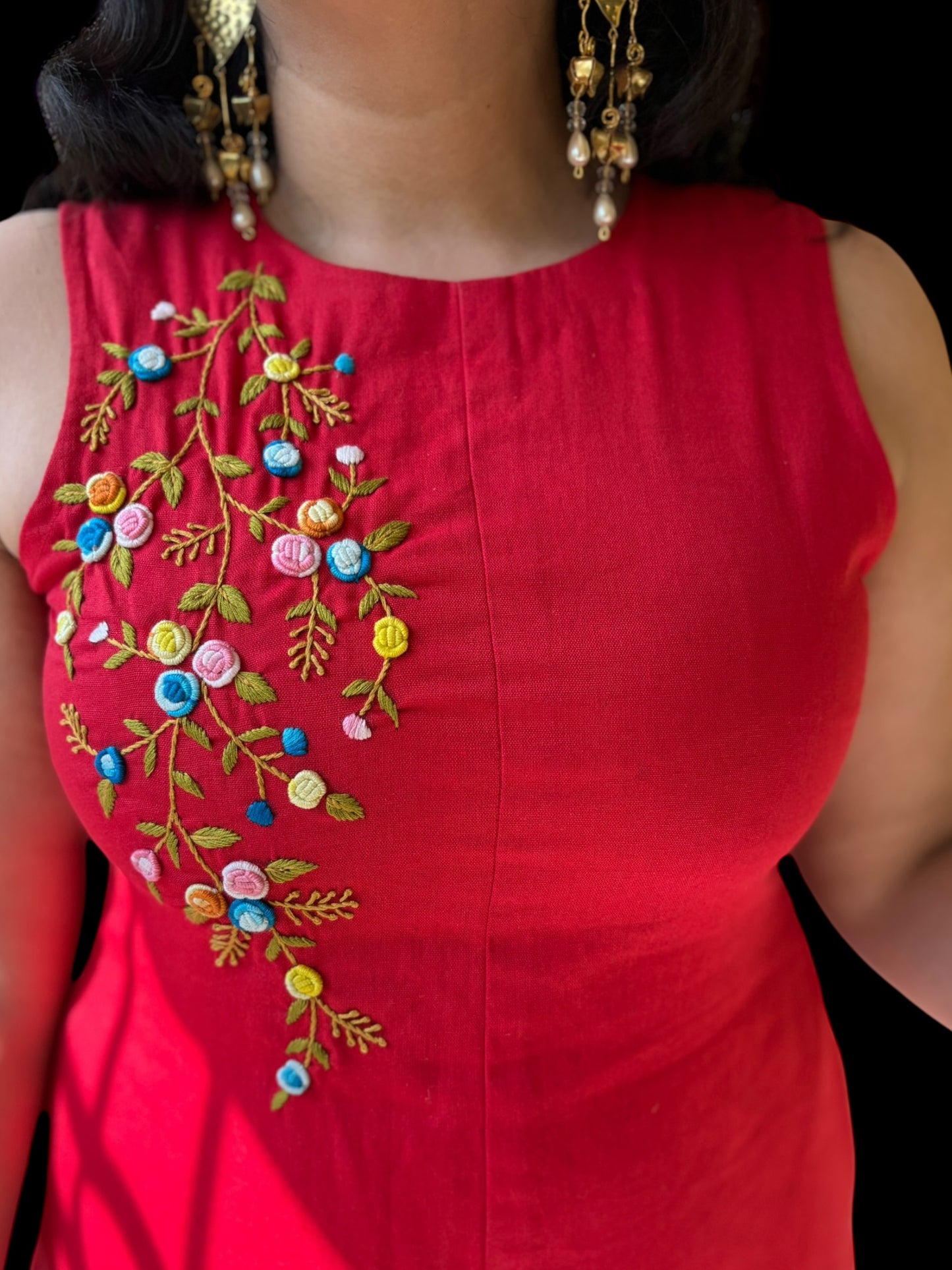 Ishani Hand-Embroidered Cotton Midi Dress - Red