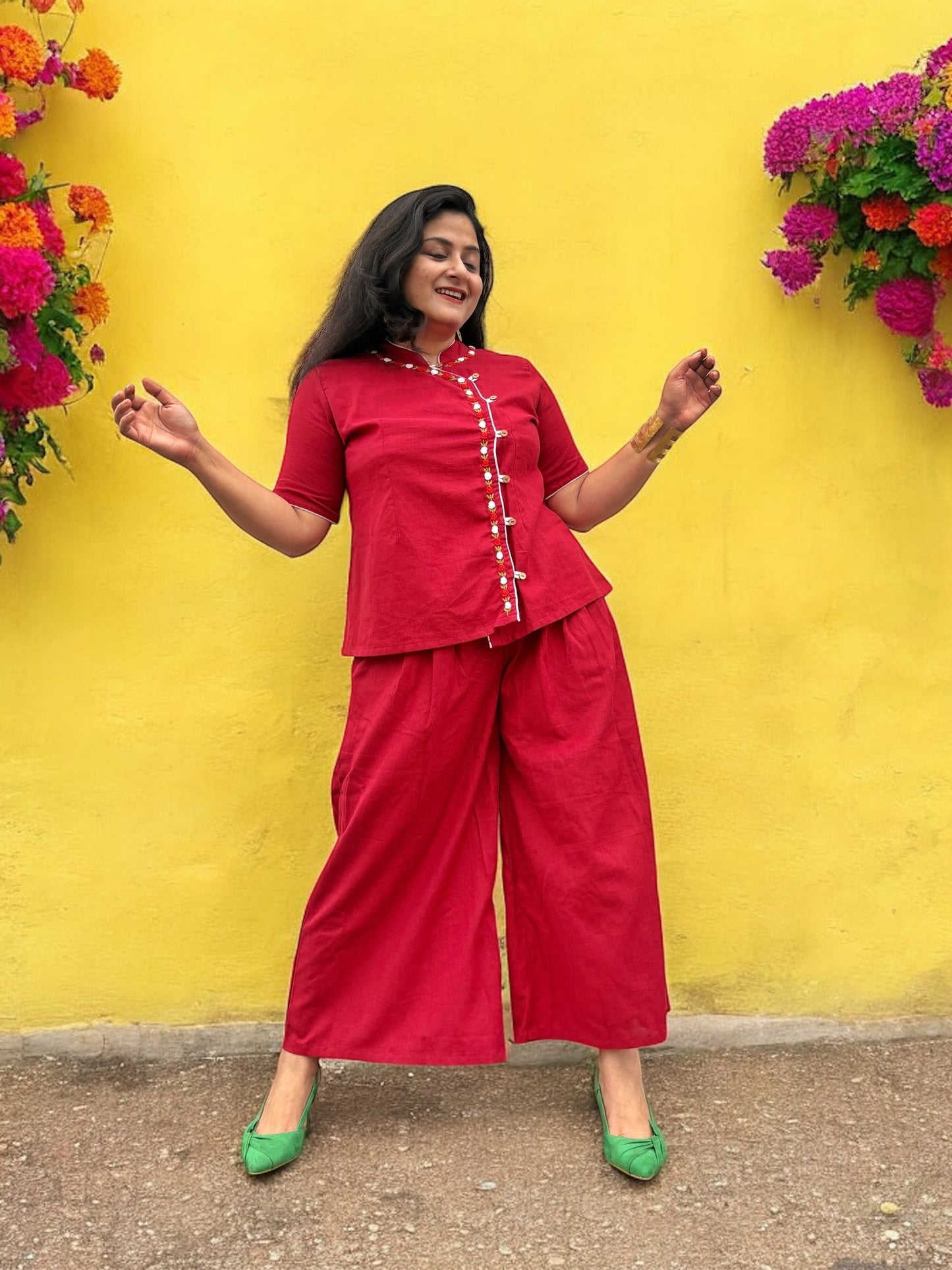 Leishi Embroidered Cotton Cheongsam Top & Trousers Coord Set