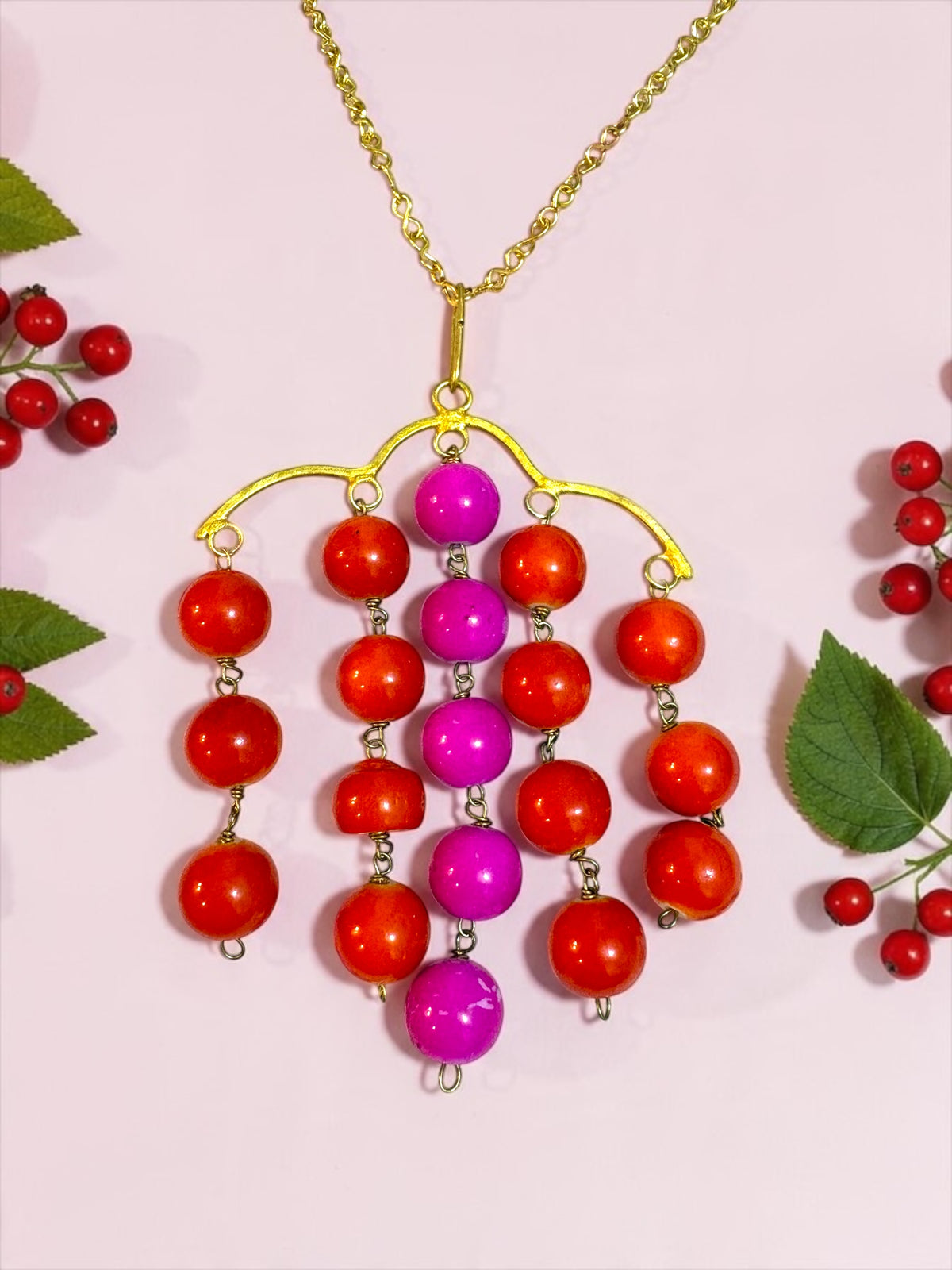 Pink Red Berries Pendant Brass Chain Necklace