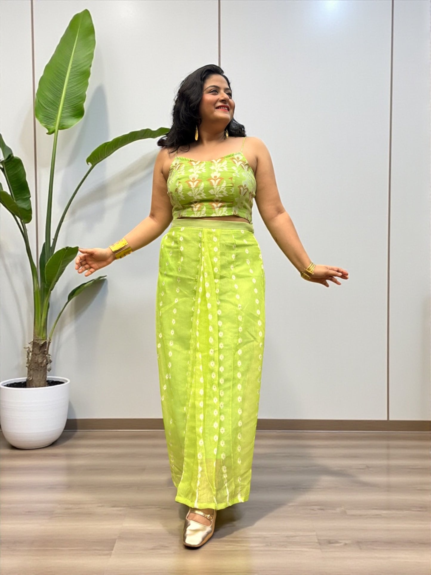 Alia Jamdani Saree Skirt, Kaftan & Top Coord Set