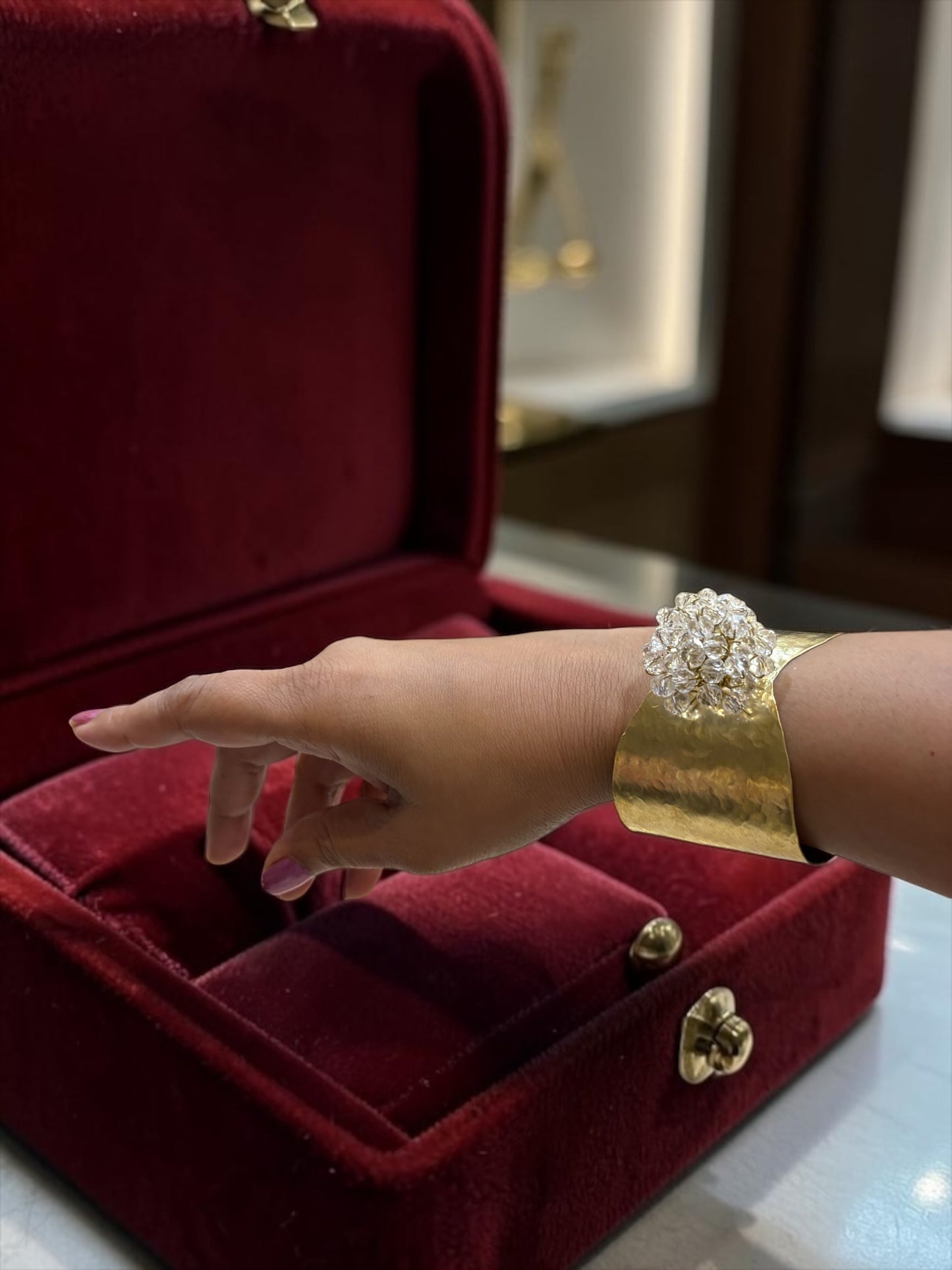 Flower Bouquet Cuff Crystal and Brass Bracelet - Diamond