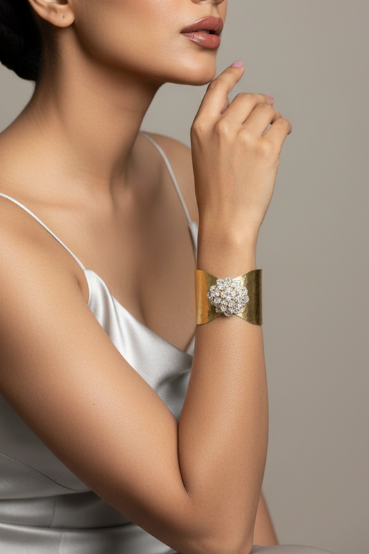 Flower Bouquet Cuff Crystal and Brass Bracelet - Diamond