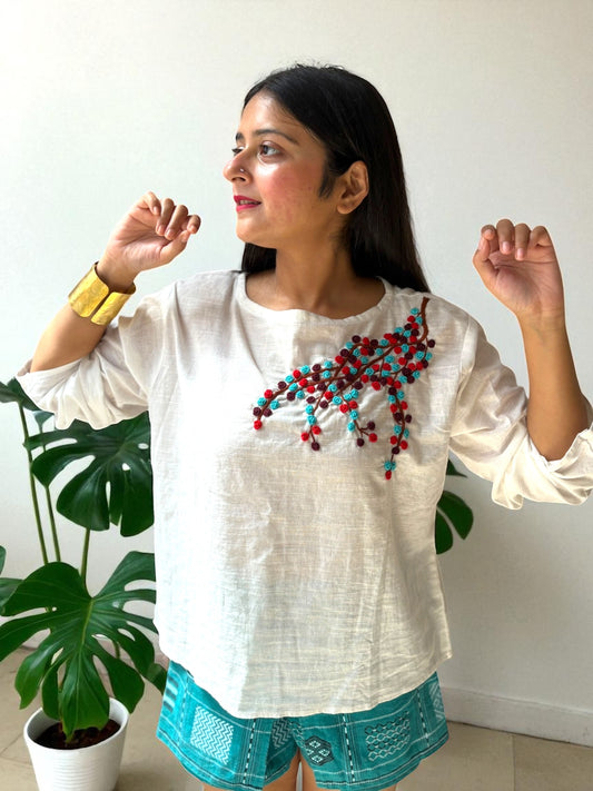 Candycrush Full Sleeved Embroidered Khadi Cotton Top - Cream