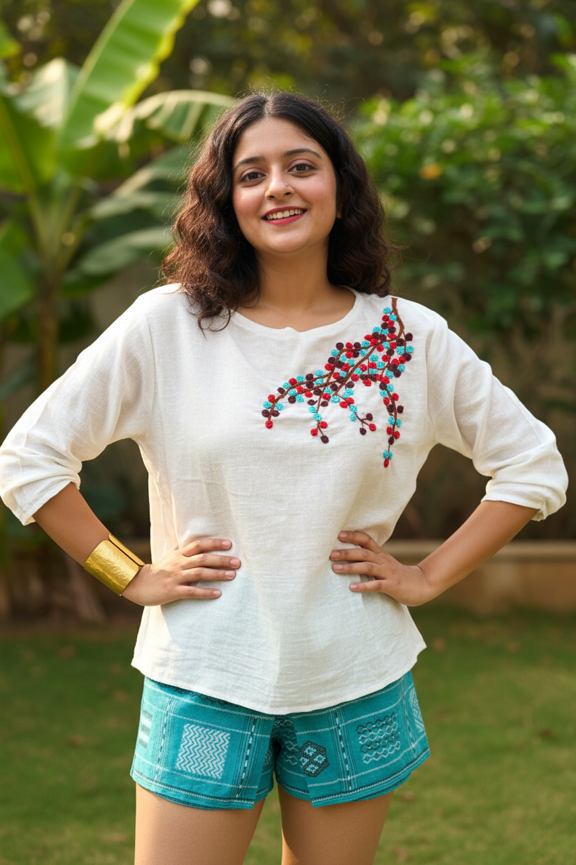 Candycrush Full Sleeved Embroidered Cotton Top - Blue and Red