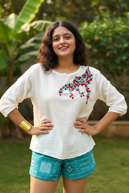 Candycrush Full Sleeved Embroidered Cotton Top - Blue and Red