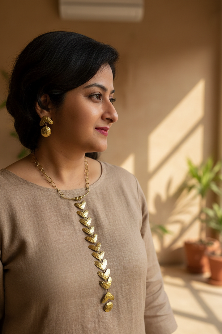 Follow the Trail Brass Long Tie Chain Pendant Necklace Set (Necklace, Earrings)