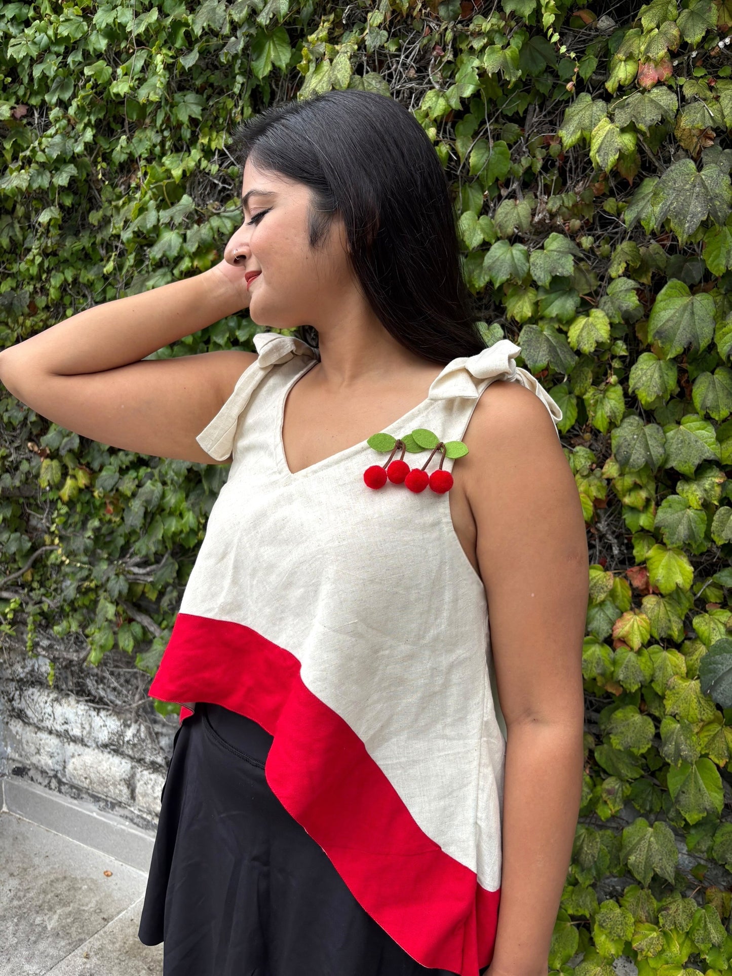 Cherry Tie-Up Asymmetric Cotton Top