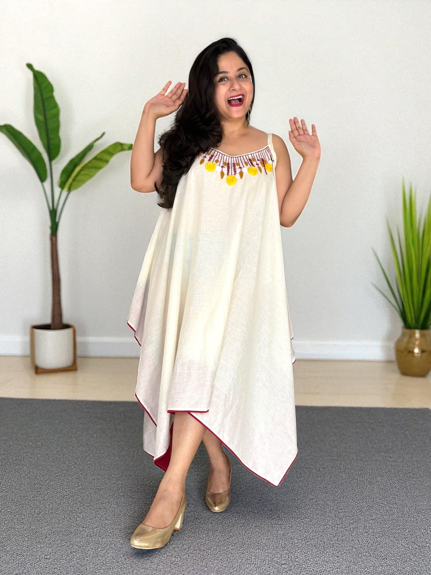 Tanaka Embroidered Strappy Asymmetric Cotton Dress - Off-White