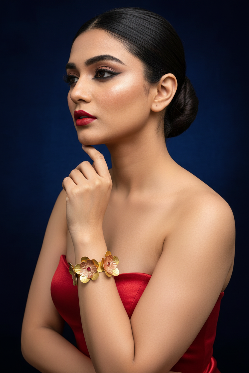 Fleurs Brass Bracelet - Red